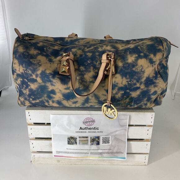 MICHAEL KORS, LARGE TAN, BLUE TIE DYE DUFFLE BAG (ASIS) - Picture 1 of 16